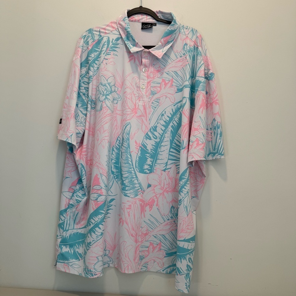 Sunday Swagger Polo Shirt Mens 4XL White Pink Blue Tropical Floral Golf Stretch